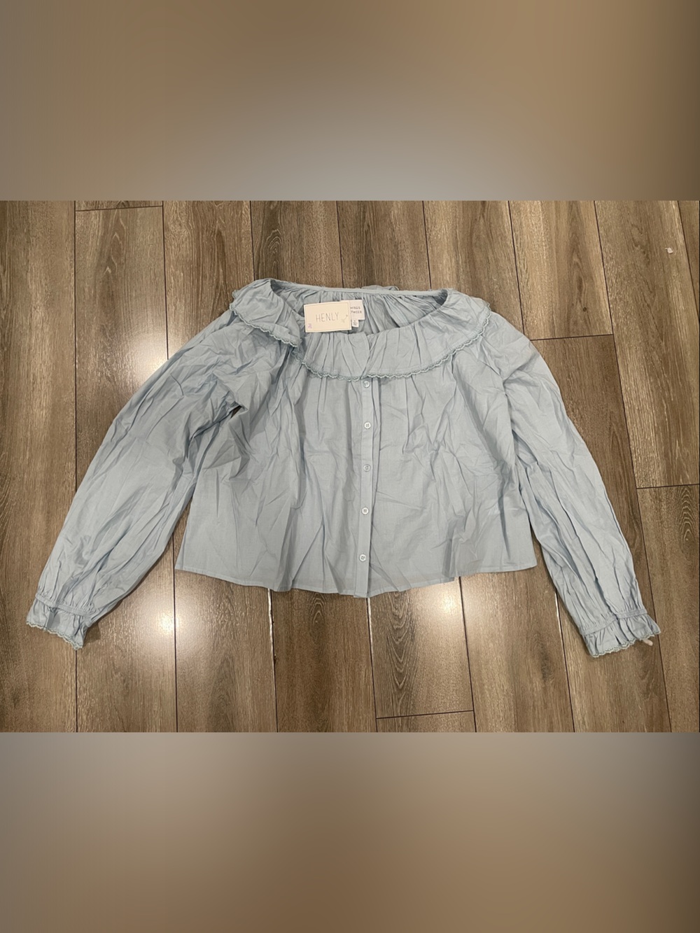 Light Blue Ruffle-Yoke Button Down Blouse by Henley